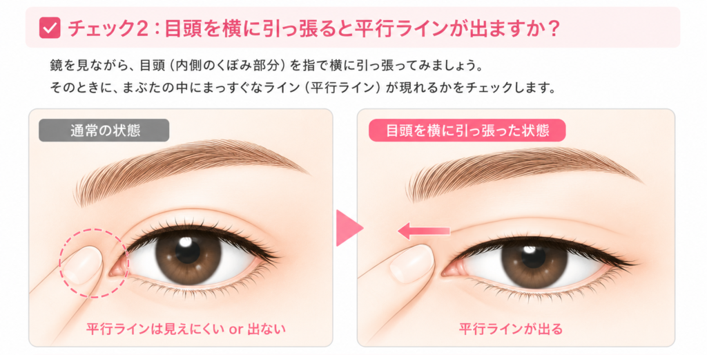 目頭を引っ張って平行ラインを確認する方法